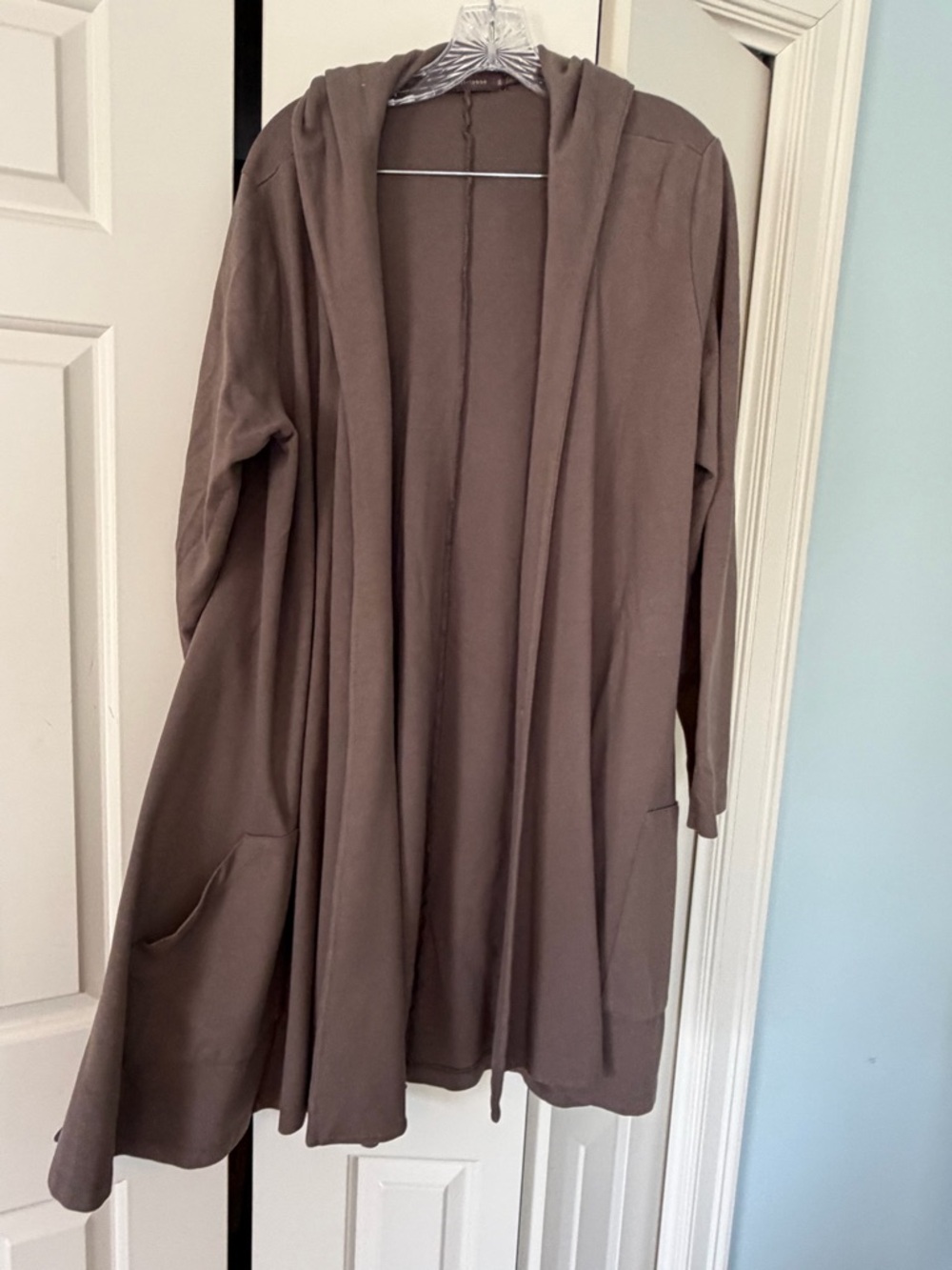 cut loose taupe hooded open-front longline cape